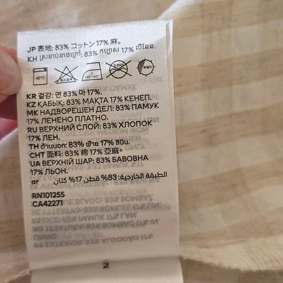 H&M Beige Gingham Puff Sleeve Mini Dress XL Ruched Bust Cottagecore Square Neck - Picture 9 of 9